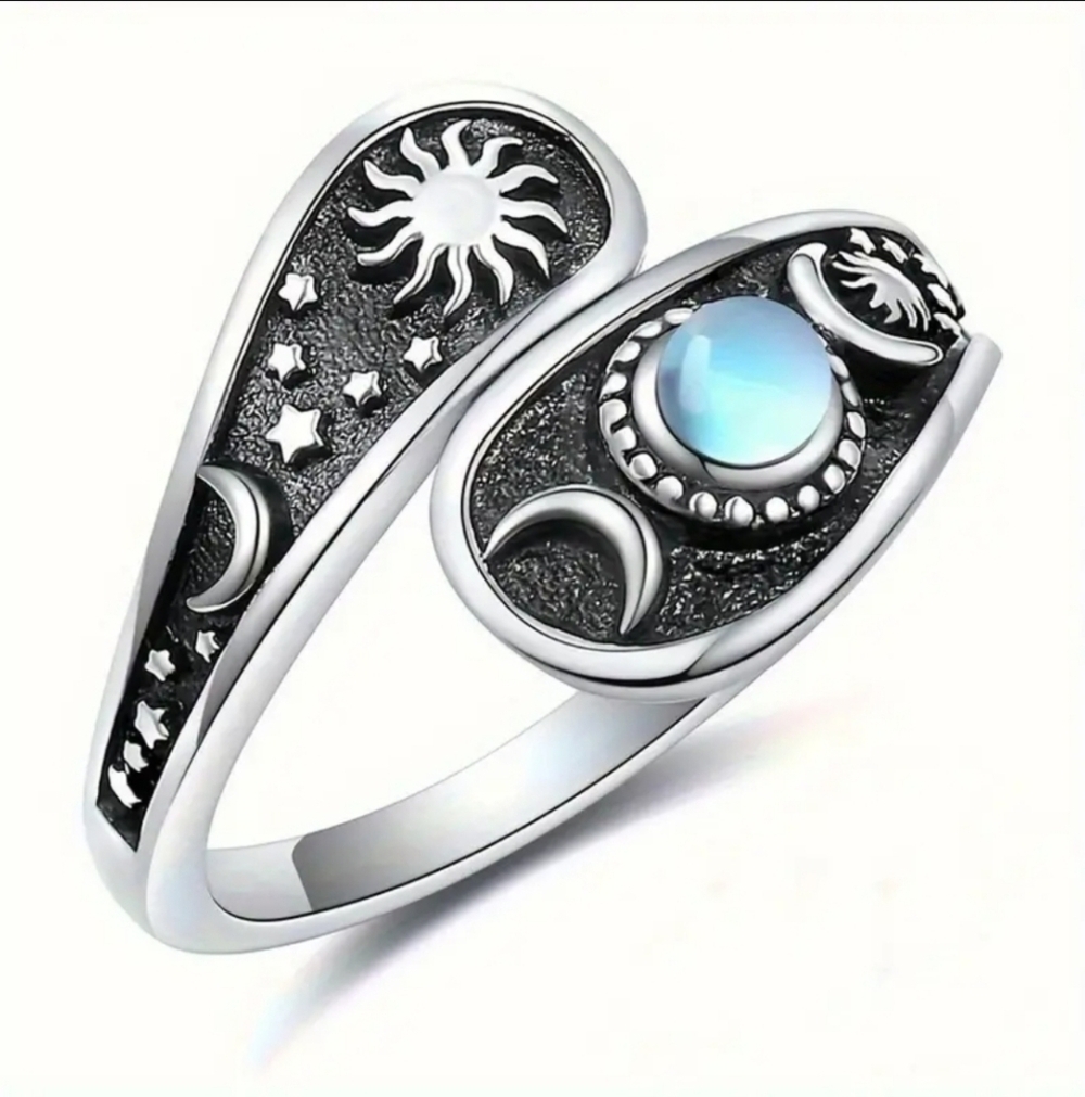 Silver Moonstone Spoon Ring With Moon and Star Pattern Adjustable